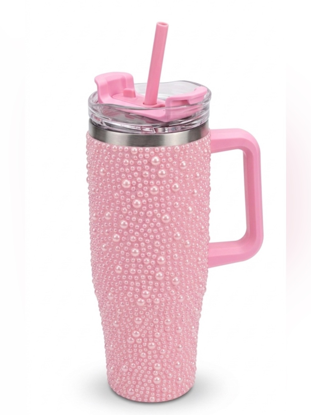 Pink Pearl-Embellished Travel Mug with Handle and Straw